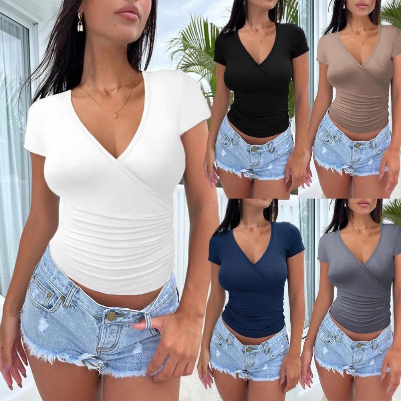 Dámské jarní sexy kořeněné volánové tričko s véčkovým výstřihem, slim-fit, crop, s krátkým rukávem