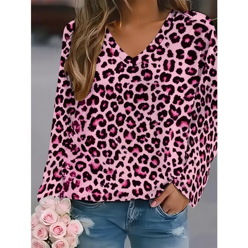 Plus Size, Women's Autumn/Winter Arrival Fashion Printed Casual V-Neck Long Sleeve T-Shirt