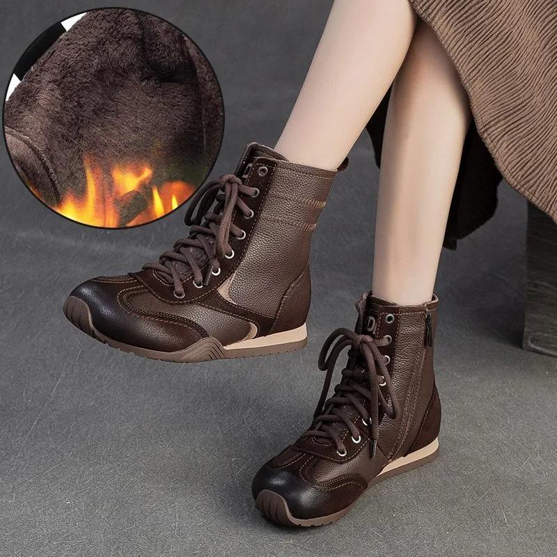 Johnature Plush Warm Retro Short Boots Genuine Leather Flat Cotton Shoes Commuter Women's Shoes
