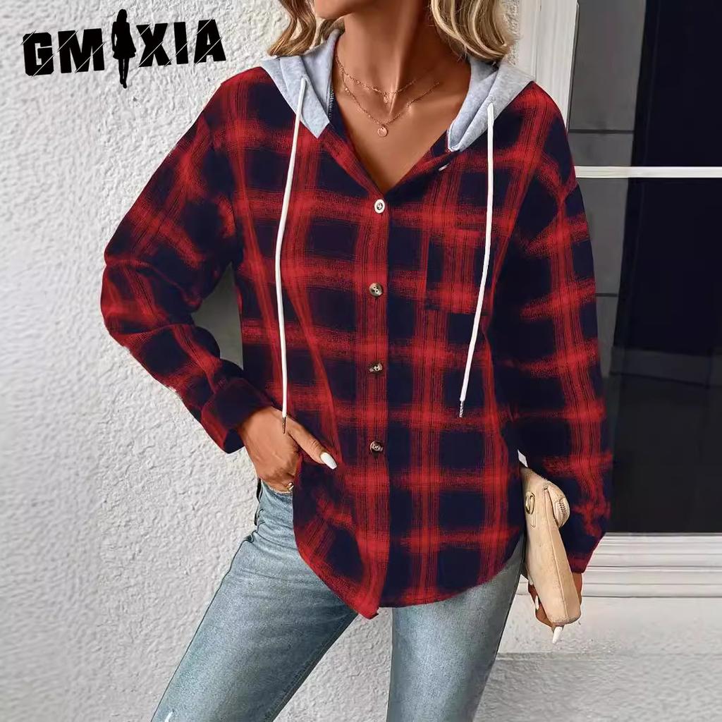 GMXIA Plaid Print Autumn Winter Women's Fall Winter Hoodie Breasted Casual Shirt Jackets & Coats