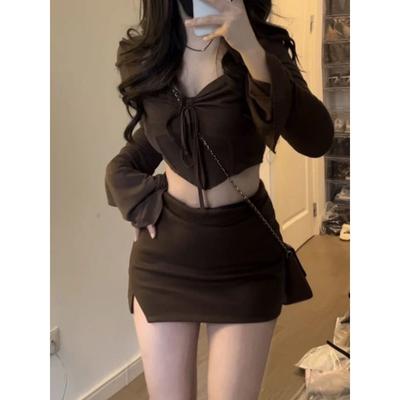Pure Desire New Spring/Summer Irregular Pleated Bottom Square Neck Long Sleeve Y2k Crop Top + Skirt Set 2 Piece Dress Sets 2024