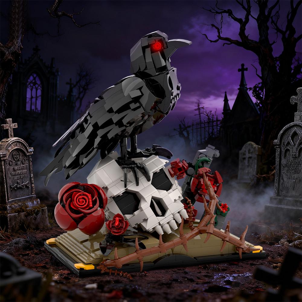 MOC Cranio di Corvo Bouquet di Rose Blocchi da Costruzione Modello Horror Gotico Scheletro Fiori Vaso Piante Mattoncini Giocattoli di Assemblaggio Bambini Regali Fai da Te