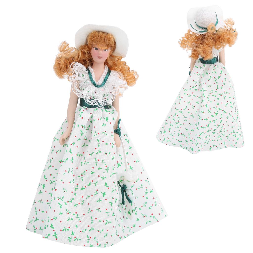 1:12 Miniature Porcelain Doll Green Dress Women Lady Doll Elegant Dollhouse Accessory