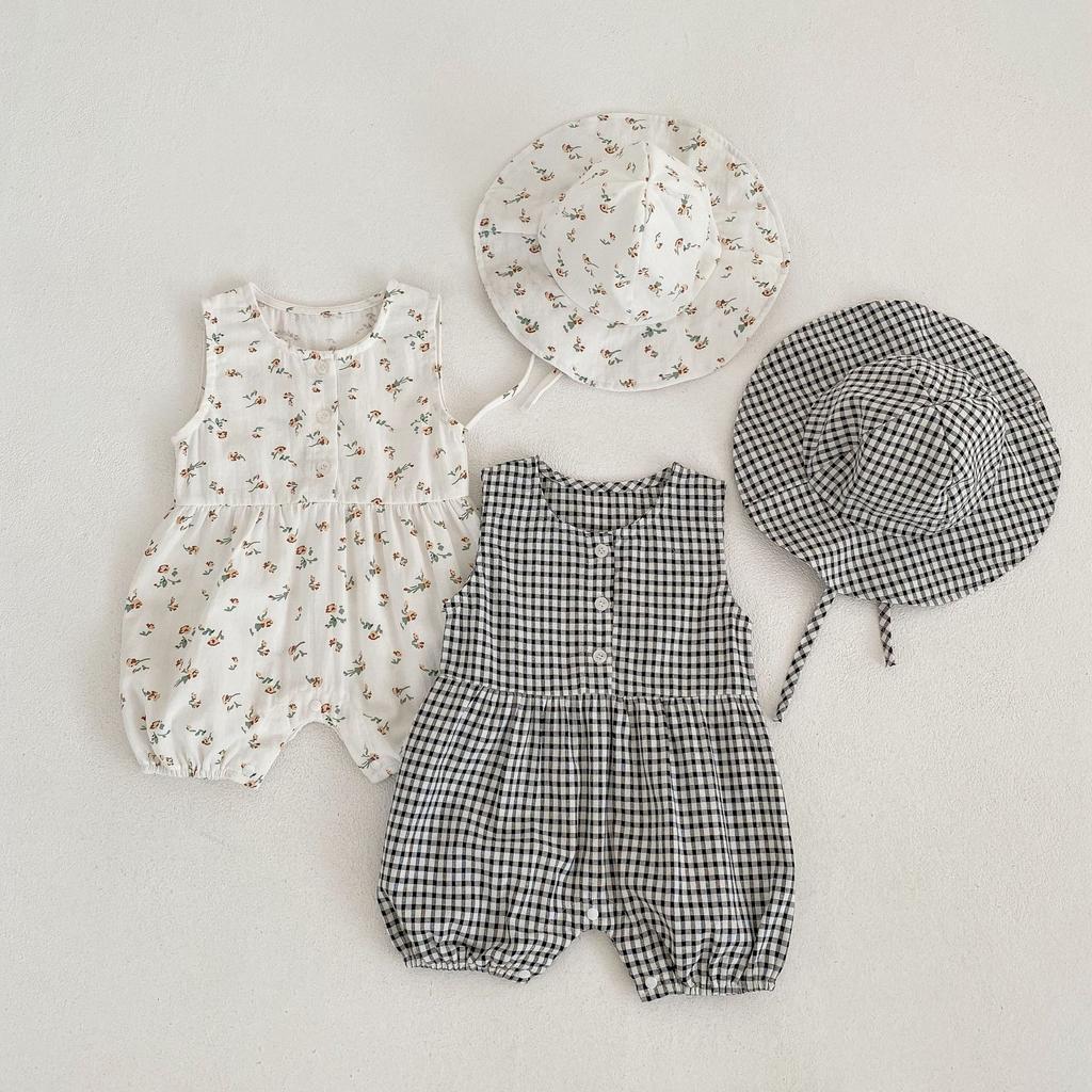 Summer Baby Girl Plaid Floral Sleeveless Romper Round Neck Cute Crawling Suit Infant Bodysuit