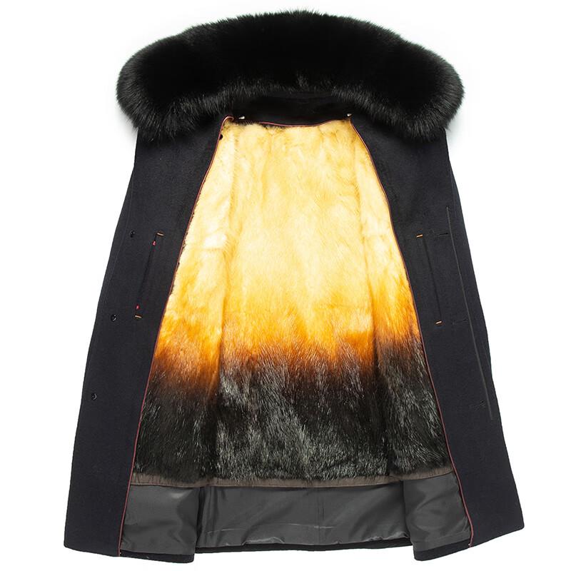 FengXun Men's Winter Wool Blend Overcoat with Removable Rex Rabbit Fur Liner and Fox Fur Collar