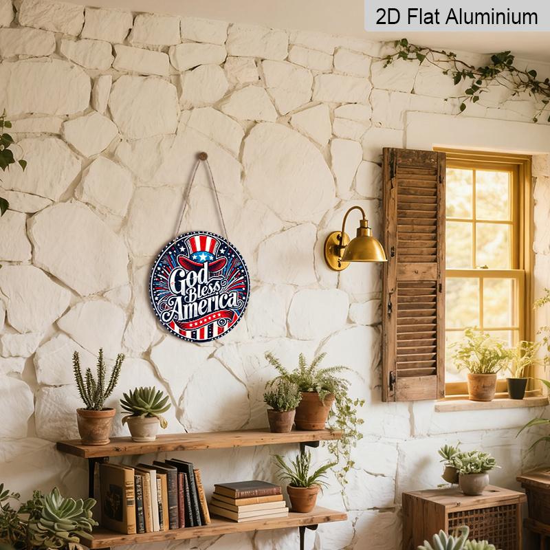 2D Flat, 1pc Round Aluminum Hanging Sign - "God Bless America" Patriotic Metal Wall Art, Uncle Sam Hat & Fireworks Design, Perfect for 4th of July