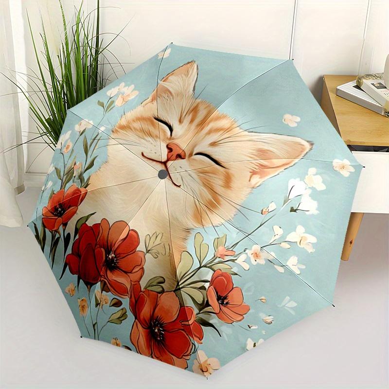 

1pc Flowers and Happy Cat Automatic Opening and Closing Umbrella, Lightweight 3-Fold, With Cute Cartoon Characters, Suitable for Home, Outdoor and Dai