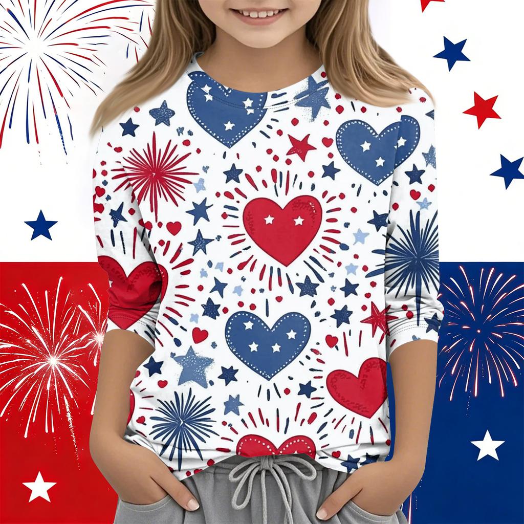 Print Tops For Youth Girls Round Neck 3/4 Sleeves T-Shirts Trendy Tops Outfit Tees Independence Day