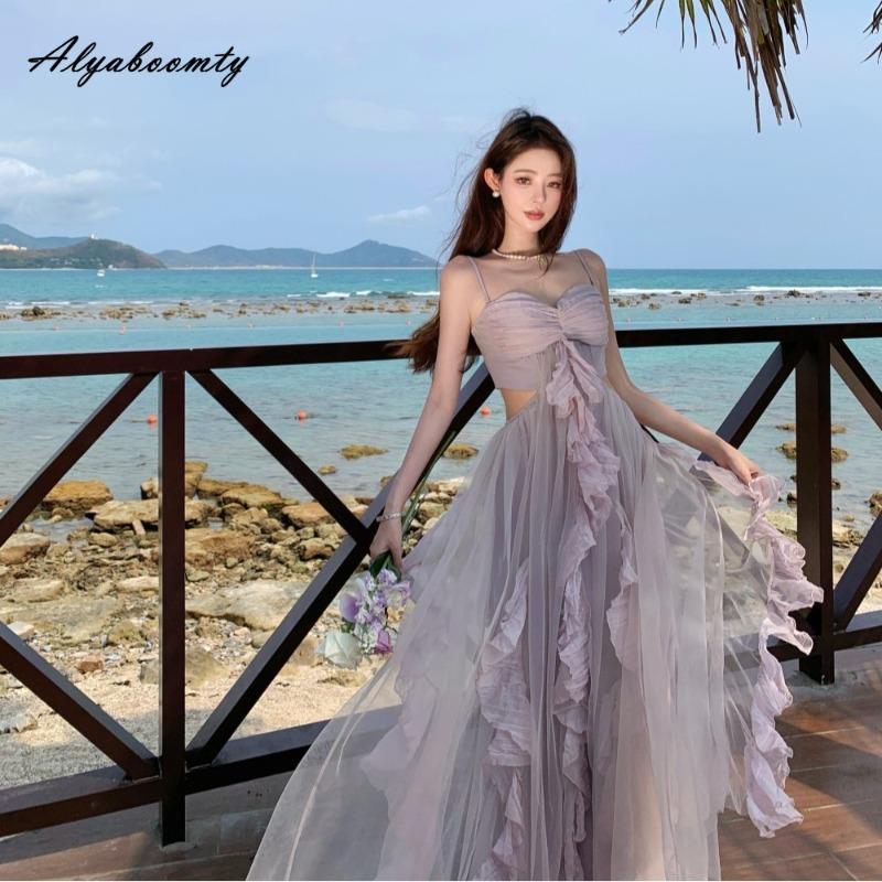 2026 Estate Donna Stile Spiaggia Viola Abito Midi Spalline Sottili Schiena Scoperta Stratificato con Volant Abito Viaggio Vacanza Femminile Romantico Abiti