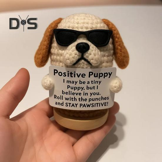 Păpușă Cățel Croșetată Cățel de Sprijin Emoțional Handmade cu Card Inspirațional Ornament Pozitiv Mini Câine Croșetat Cadou pentru Încurajare