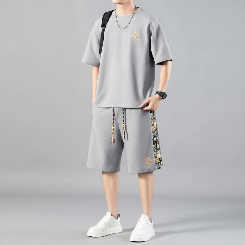New Summer Chinese Style Men's Casual Sports Suit Loose Embroidery Versatile Short Sleeve Shorts Two-piece Set