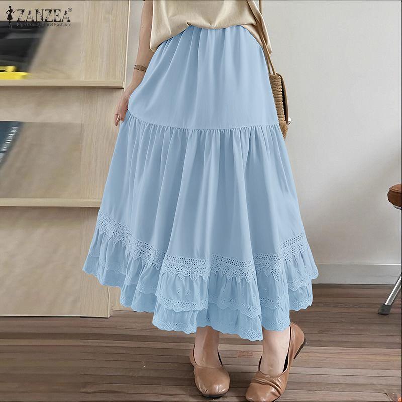 ZANZEA Women Casual Lace Splice Elastic Waist Loose Long Skirts