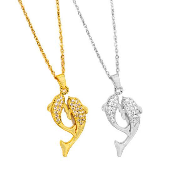 Double Rhinestone Fish Pendant Necklace Lightweight Hypoallergenic Women Couple Dual Dolphin Chain Necklace Fashion Jewelry
