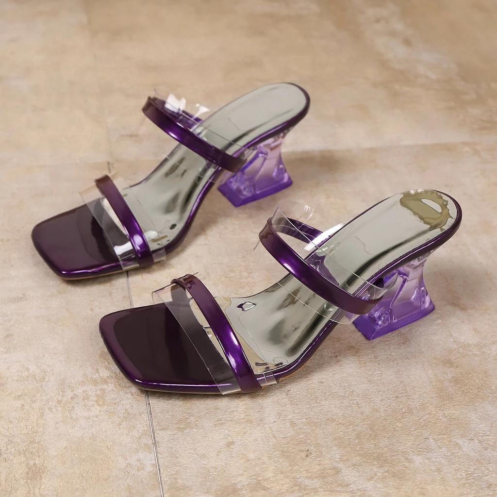 Shoes for Women 2025 New Summer Outdoor Large Size Women's Slippers Heel Peep Toe Square Toe Solid Transparent Modern Slippers