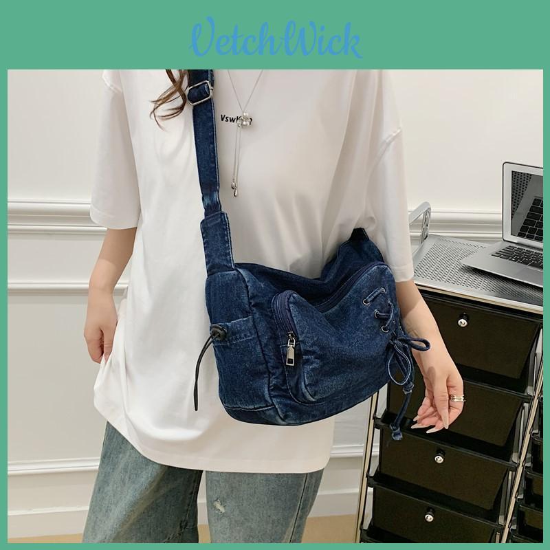 Fashion Solid Color Strap Design Women Casual Denim Crossbody Bag For Streetwear