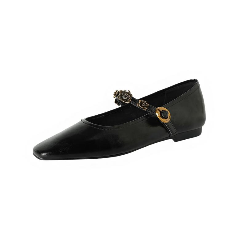 

Fashion Ladies new leather cowhide retro rose belt buckle French square metal belt buckle low heel Mary Jane shoes work sheet shoes 220 чёрный