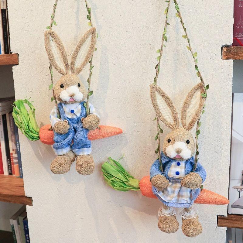 Handmade Woven Straw Rabbit Swing Ornament Rustic Boho Hanging Home Centerpiece Christmas Easter Gift For Kids Couples Cozy
