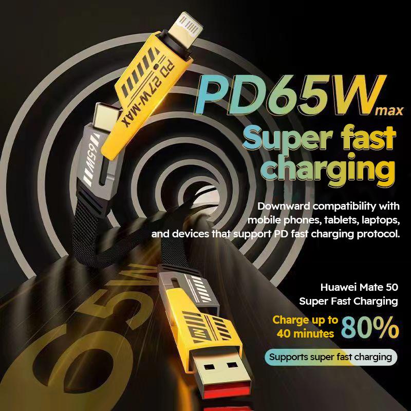 4-in-1 USB C Charging Cable Type-C Connector Nylon Braided PD 65W 27W Fast Charging For IPhone Samsung Xiaomi Android Phone