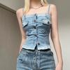 Personality Wash Blue Denim Small Vest Denim Crop Top Pocket Vintage Button Tops
