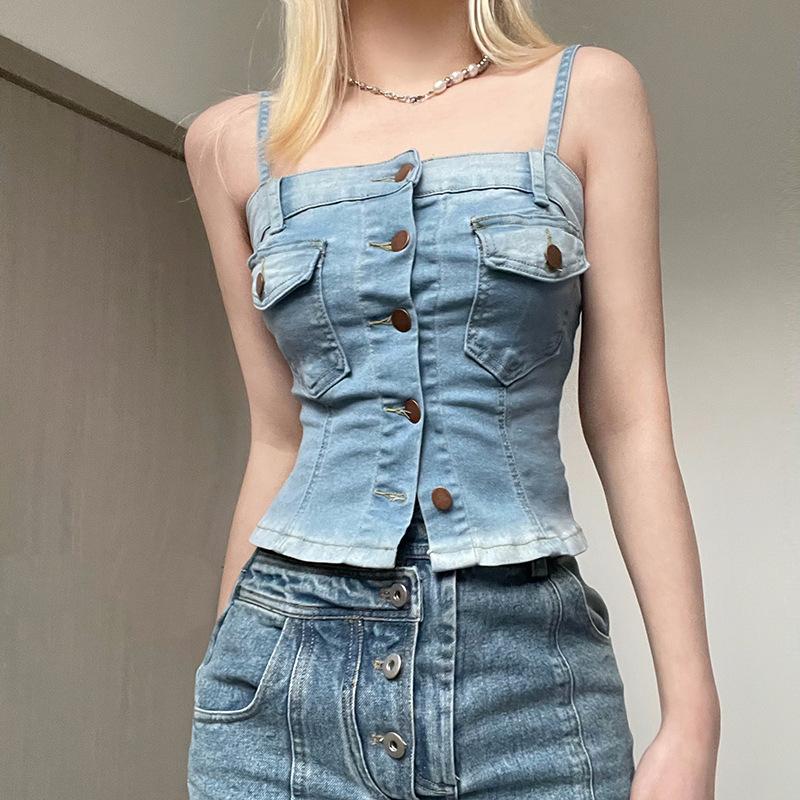 Personality Wash Blue Denim Small Vest Denim Crop Top Pocket Vintage Button Tops