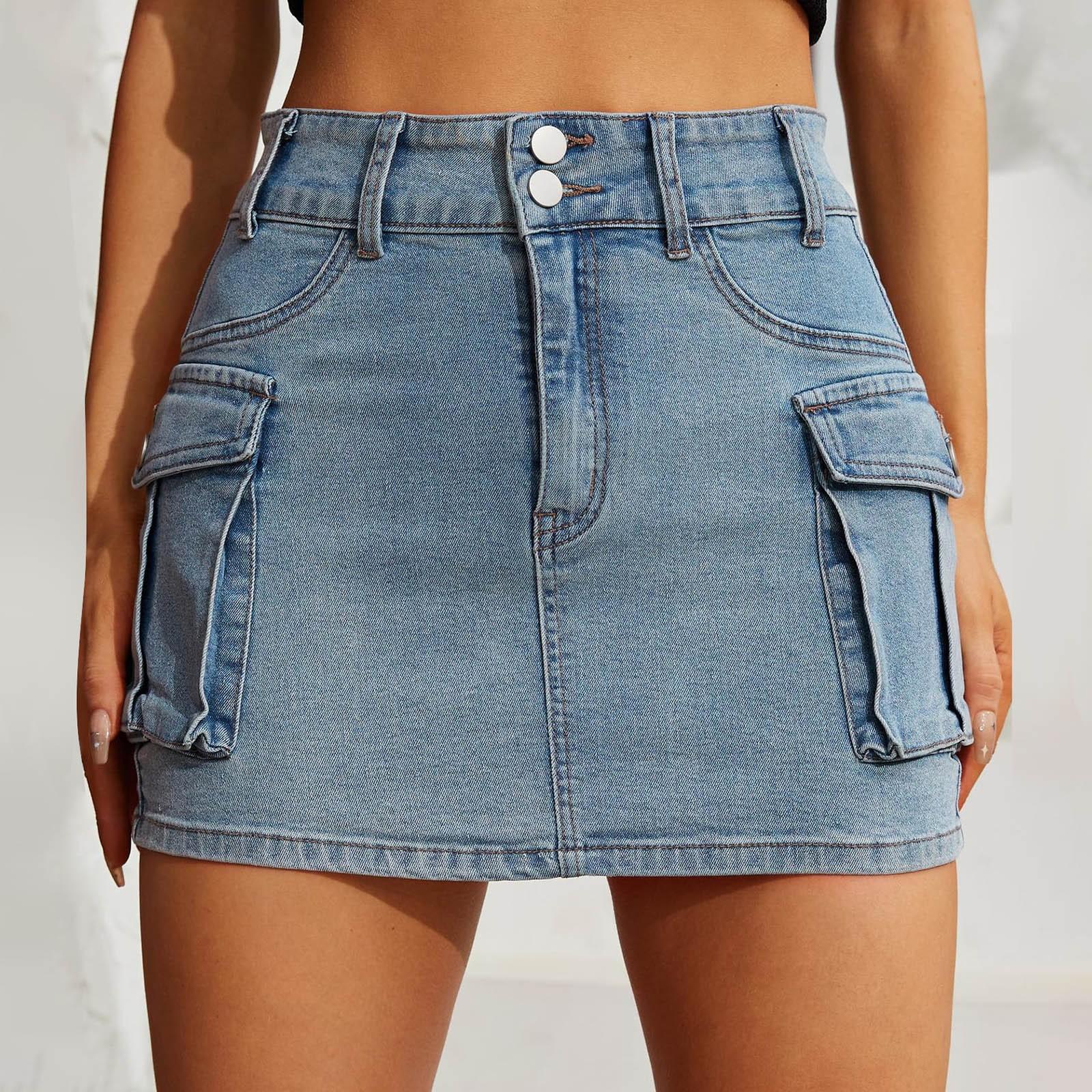 

Жіноча коротка спідниця. Робоча спідниця. Напівспідниця на гудзиках. Джинсова спідниця з кишенями XL світло-синій колір