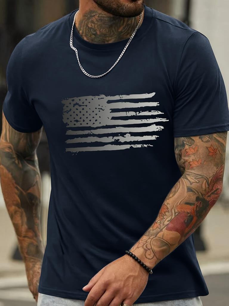 Simple American Flag Graphic Men's Round Neck Short Sleeve T-shirt - Casual Comfy Lightweight Top For Summer