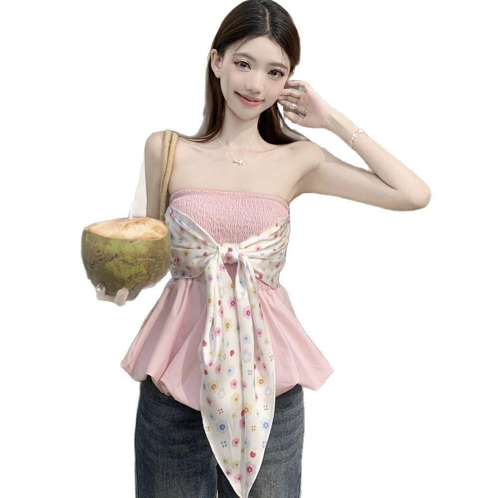 Pink Bow Tube Top Two Wear Women's Summer Pure Desire Sweet and Spicy Style Small Man Chest Wrap Inside Top Outside Wear