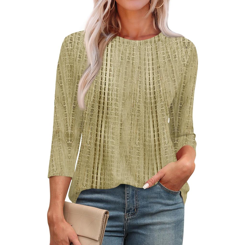 Omen's Fashionable Round Neck 3/4 Sleeve Printed Casual Basic Pleated Pullover T-shirt Top