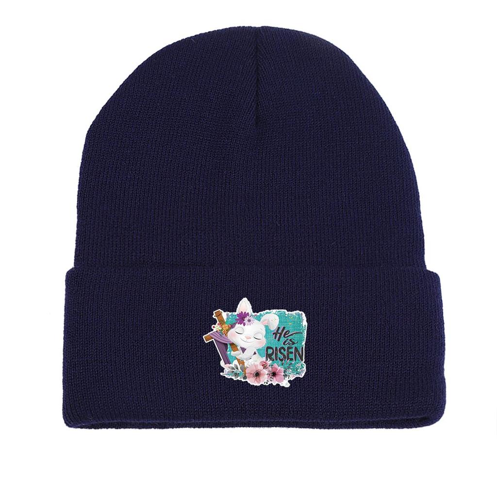 HE IS RISEN" Rabbit Print Knitted Cap Beanie, Easter Skull Cap Cancer Chemo Winter Sporting Headwear Knit Hat Beanie