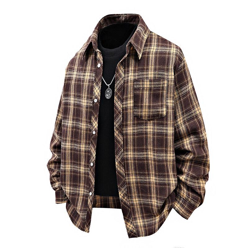 Mens Casual Loose Plaid Turn Down Collar Long Sleeve Shirt Outerwear