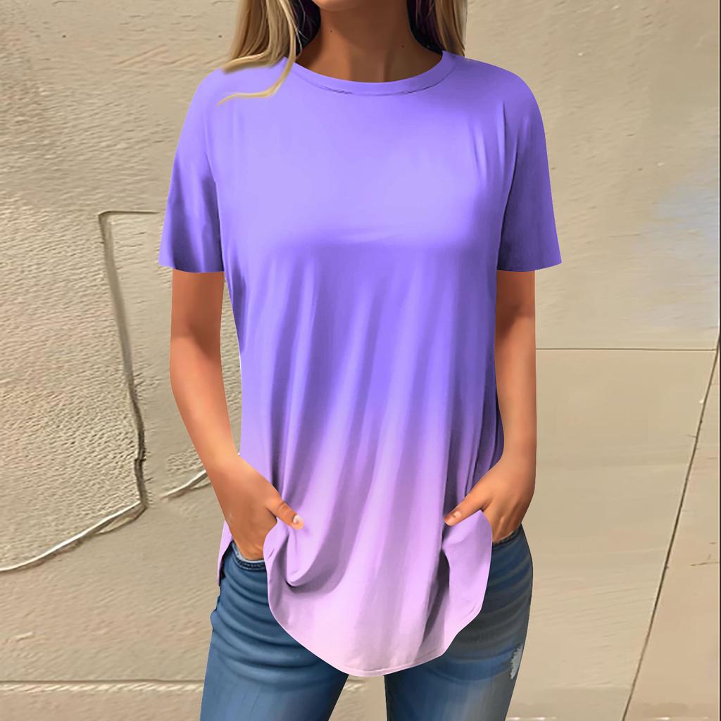 Women's Fashion Casual Round Neck Gradient Printed Short Sleeve Pullover T-Shirt Top