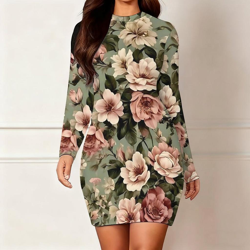2025 Autumn and Winter New 3D Flower Print and Dyeing Women's Fashion Long-sleeved Round Neck Hip-wrapped Dress Valentine's Day Limited