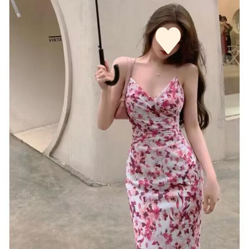 Coffee Break Suspender Dress Women's Summer New Seaside Vacation V-neck Sleeveless Floral Hip-wrapped Dress