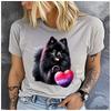 Unisex 100% Polyester Summer Top Black Pomeranian dog Print Loose round Neck Short Sleeve Fashion for Lovers