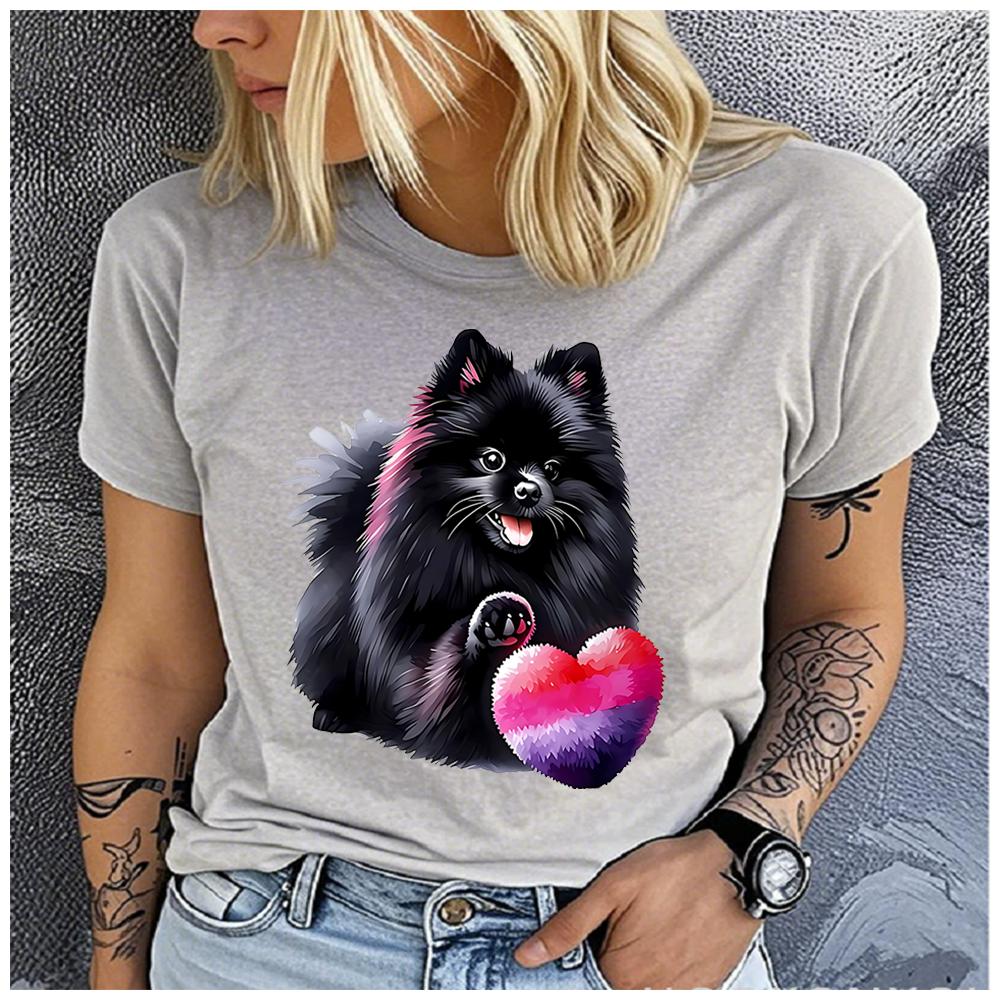 Unisex 100% Polyester Summer Top Black Pomeranian dog Print Loose round Neck Short Sleeve Fashion for Lovers