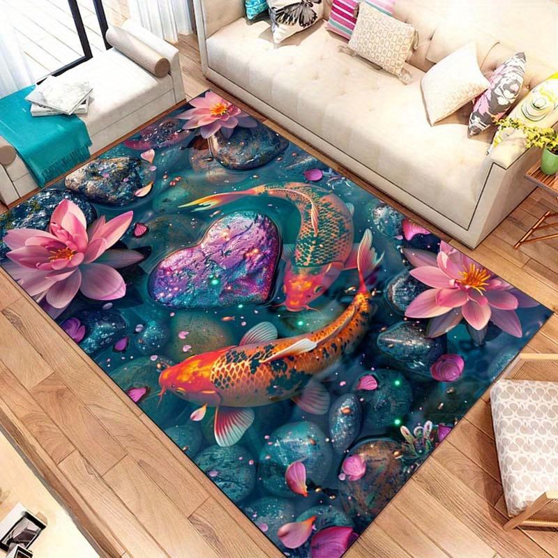 3D Floral & Koi Fish Design Area Rug - Polyester Washable Mat for Living Room, Bedroom, Home Office, Entryway - Durable Chair Ca