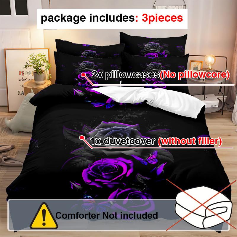 3Pcs Duvet Cover Set 1Pc Duvet Cover 2Pcs Pillowcases Without Core Ultra-Soft Comfortable Breathable Roses Butterflies