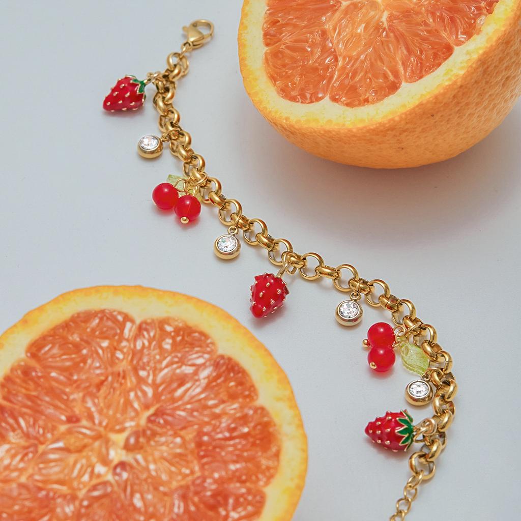 Youthway Colored Strawberry Cherry White Zircon Bracelet Gold Plated Stainless Steel Waterproof Minimalist Women Jewelry Holiday