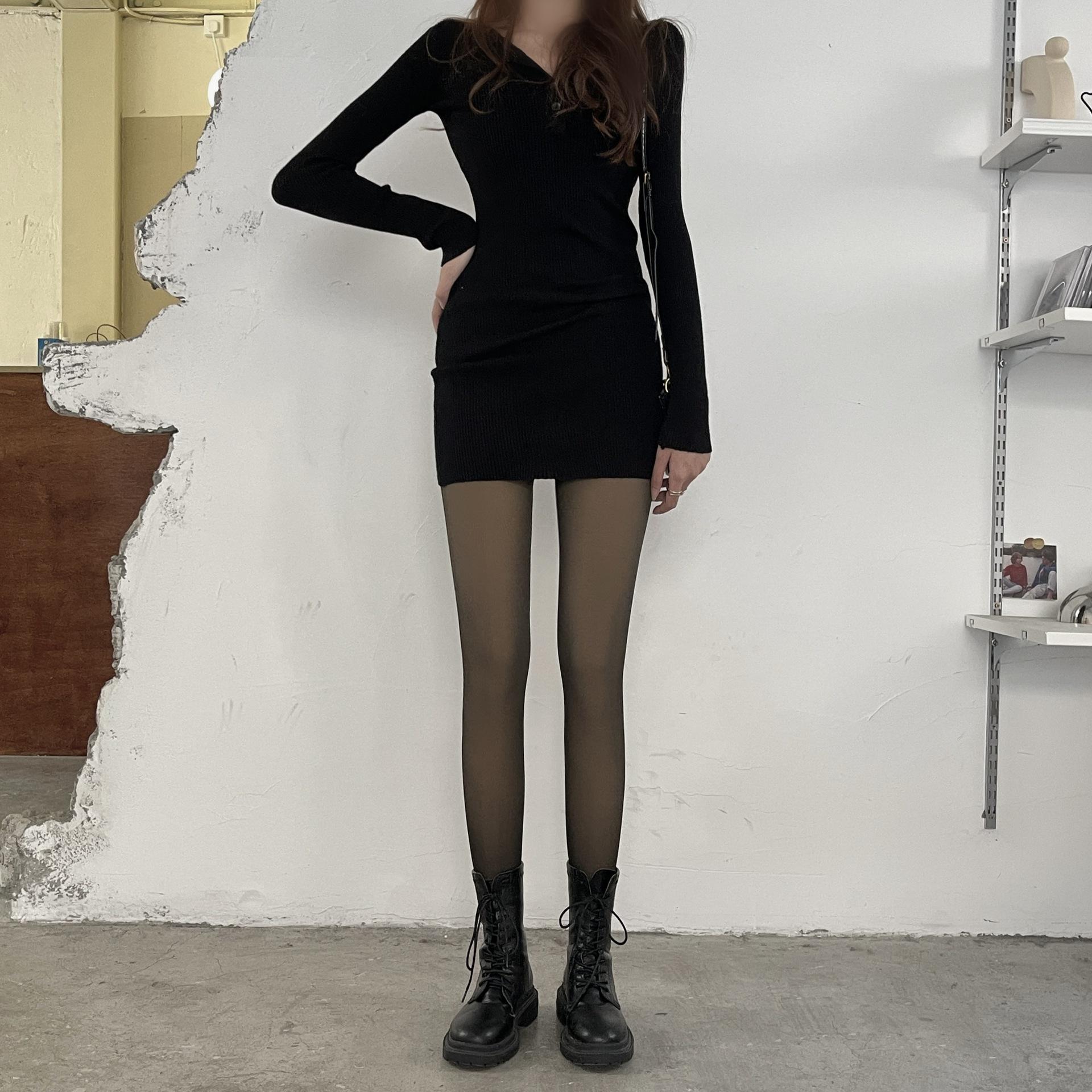 

Черные шелковые базовые носки с флисовой подкладкой для голых ног - Цвет натуральной кожи, Имитация прозрачности, Плотные для осени/зимы 80G-No Fleece