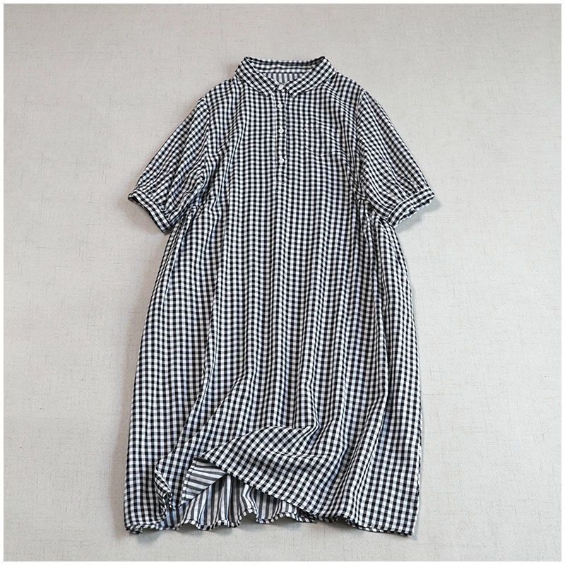

Mori look Retro Summer Short sleeve Dress Cotton Double-Layer Yarn Shirt Collar Half-Open Buckle Loose A- line Skirt over the Knee Women Hagrid One size