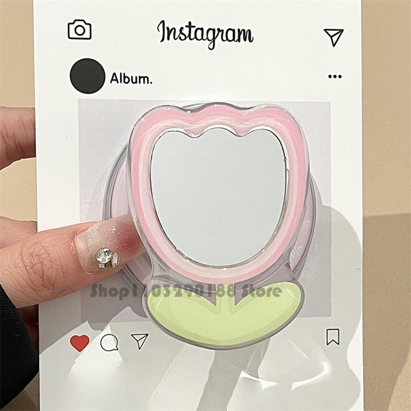 

Korean Cute Pink Tulip Mirror Magnetic Holder Grip Tok Griptok Phone Stand Phone Holder Support For iPhone 16 Magsafe Smart Tok