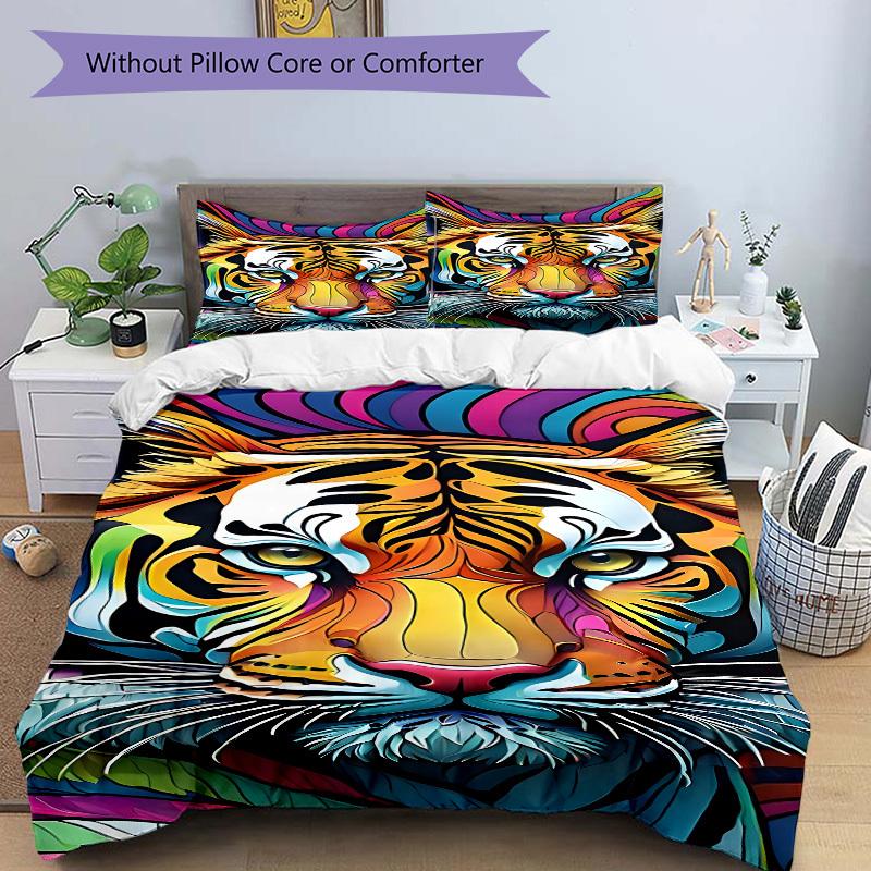 3pcs Tiger Print Duvet Cover Set, Cover For Bedroom Guest Room (1 Duvet Cover + 2 Pillowcase, Without Quilt),  Yy250922136