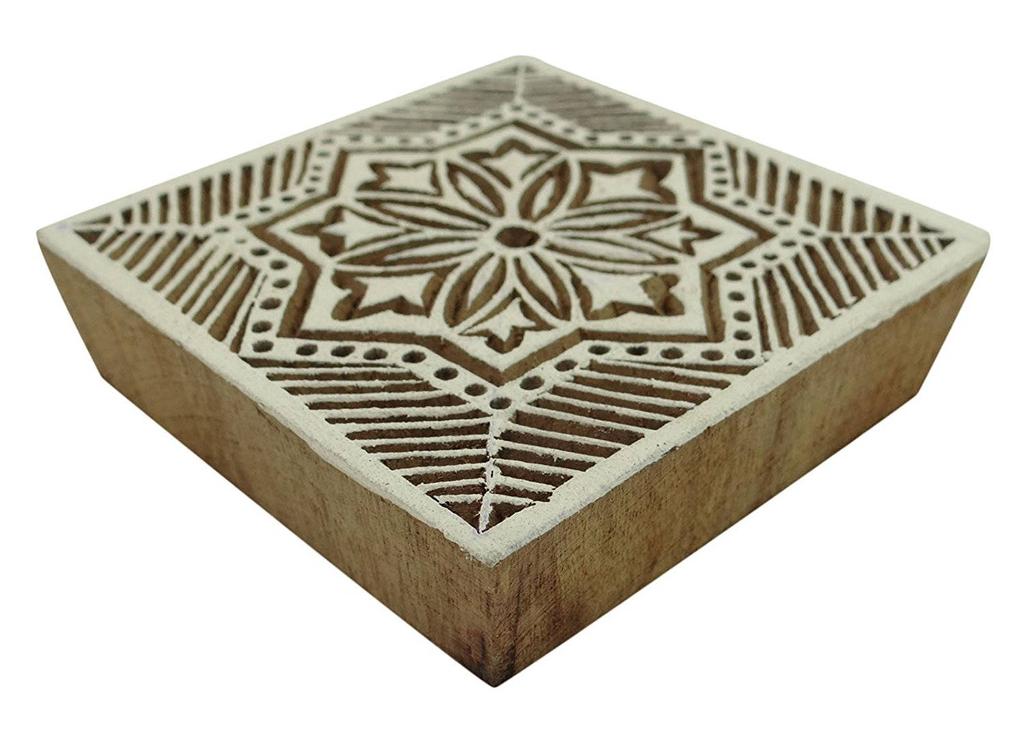 Square Shape Wooden Block Floral Print Printing Textile Stamp On Apparel