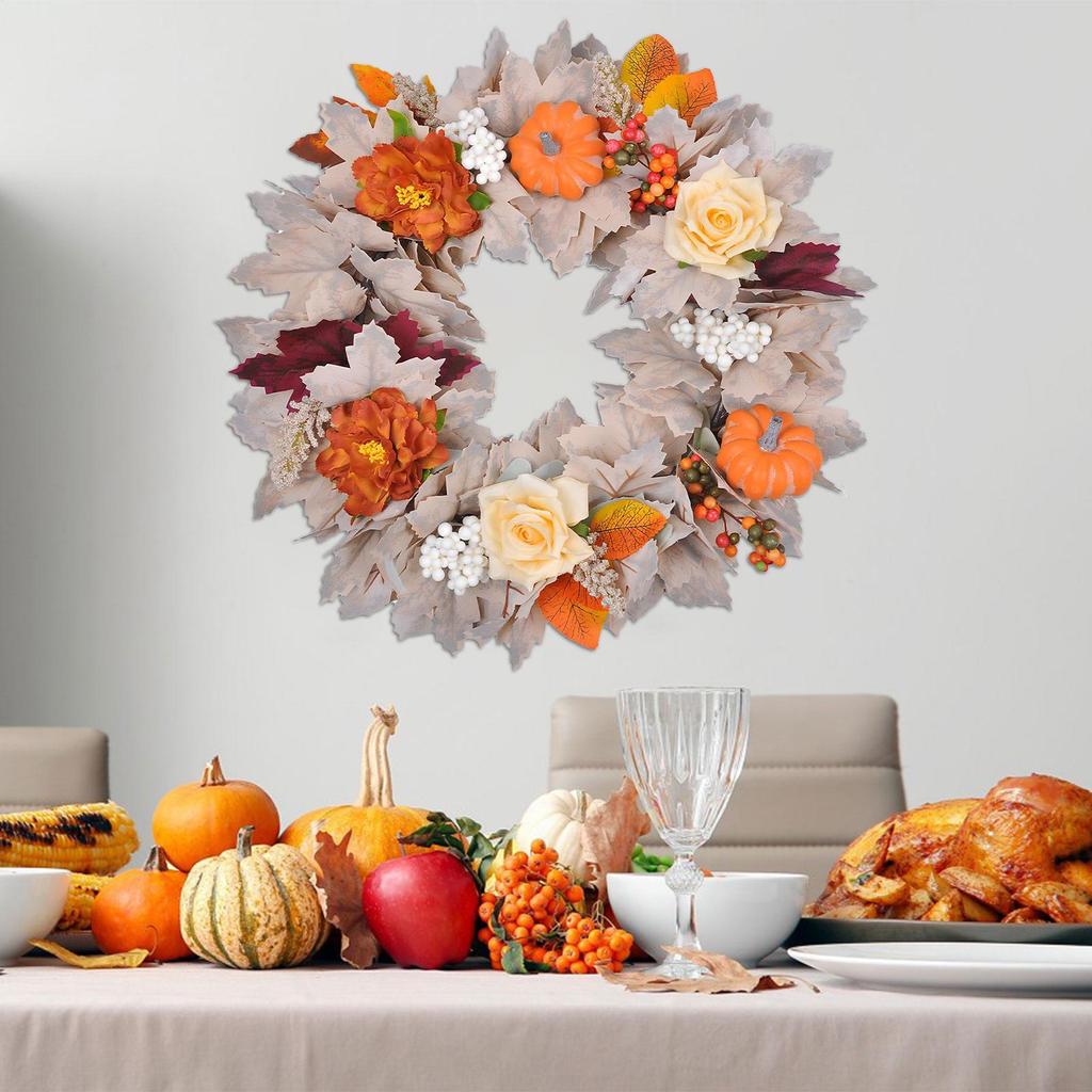 Autumn Door Wreath Christmas Halloween Decoration Pumpkin Berry Pine Cone Maple Artificial Wreath Cloth Rattan Material Home