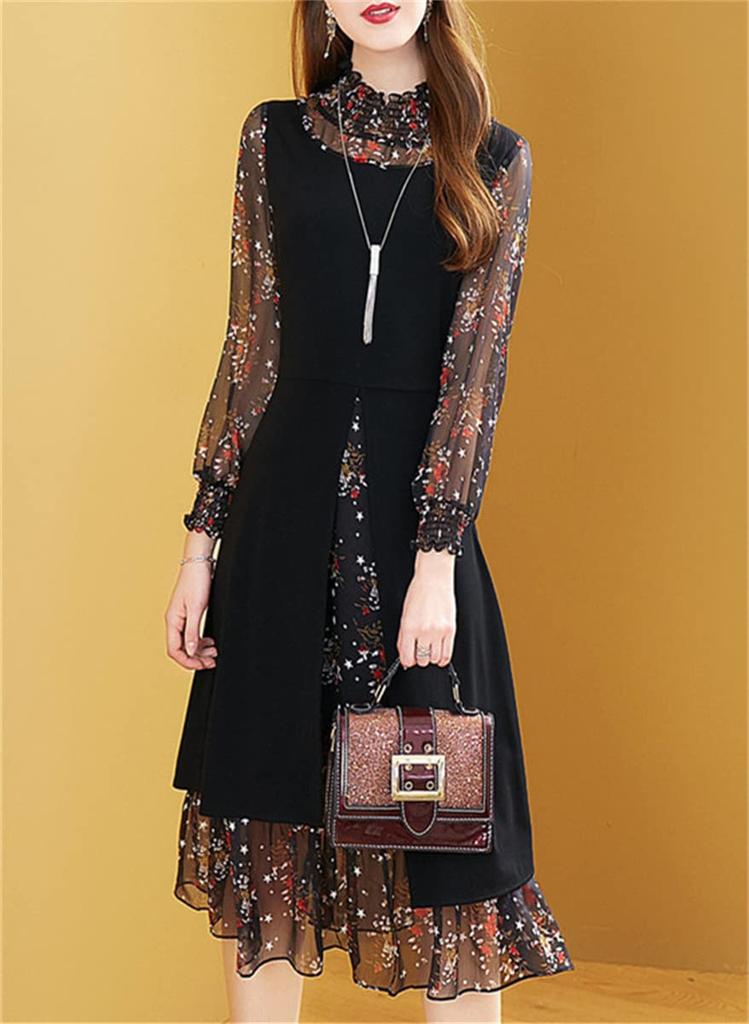 CHUMO Chiffon Midi Dress with Long Floral Plus and Beautiful Outfit for and Women's Sleeves, Print, A-Line, Sizes, Retro, Stylish, Slimming, Elegant,