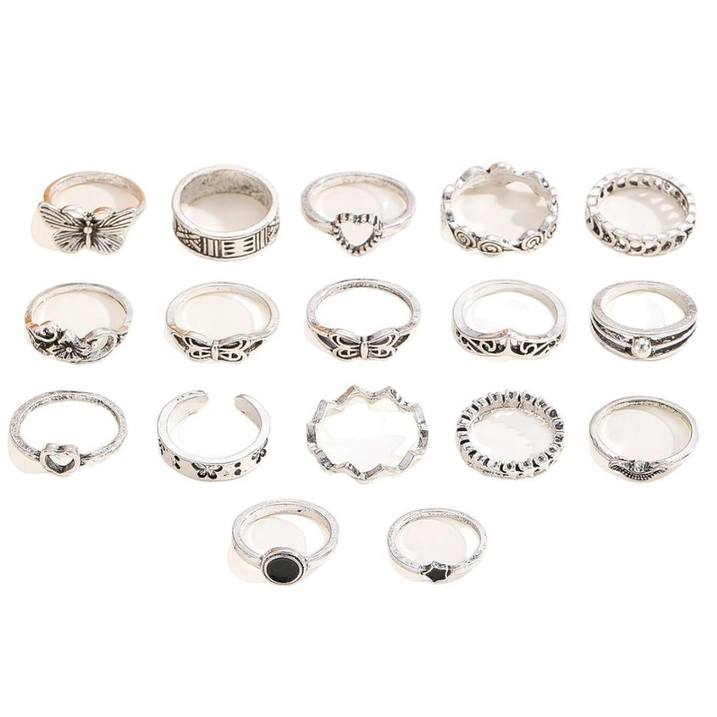 Exaggerated Butterfly Heart & Cross 17-Piece Ring Set with Retro Design