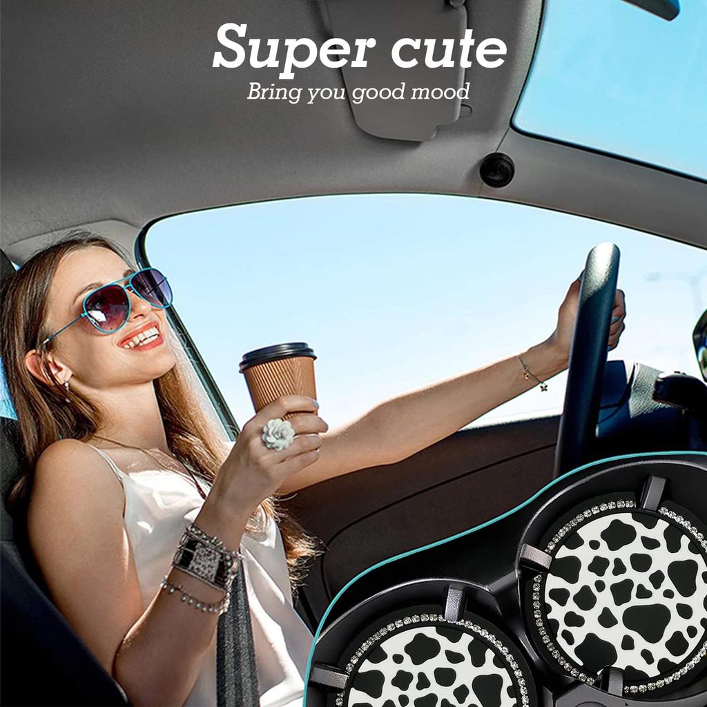 2PCS Bling Cow Print Car Accessories for Women, Universal Auto Cute Anti Slip Cup Holder ert Coaster