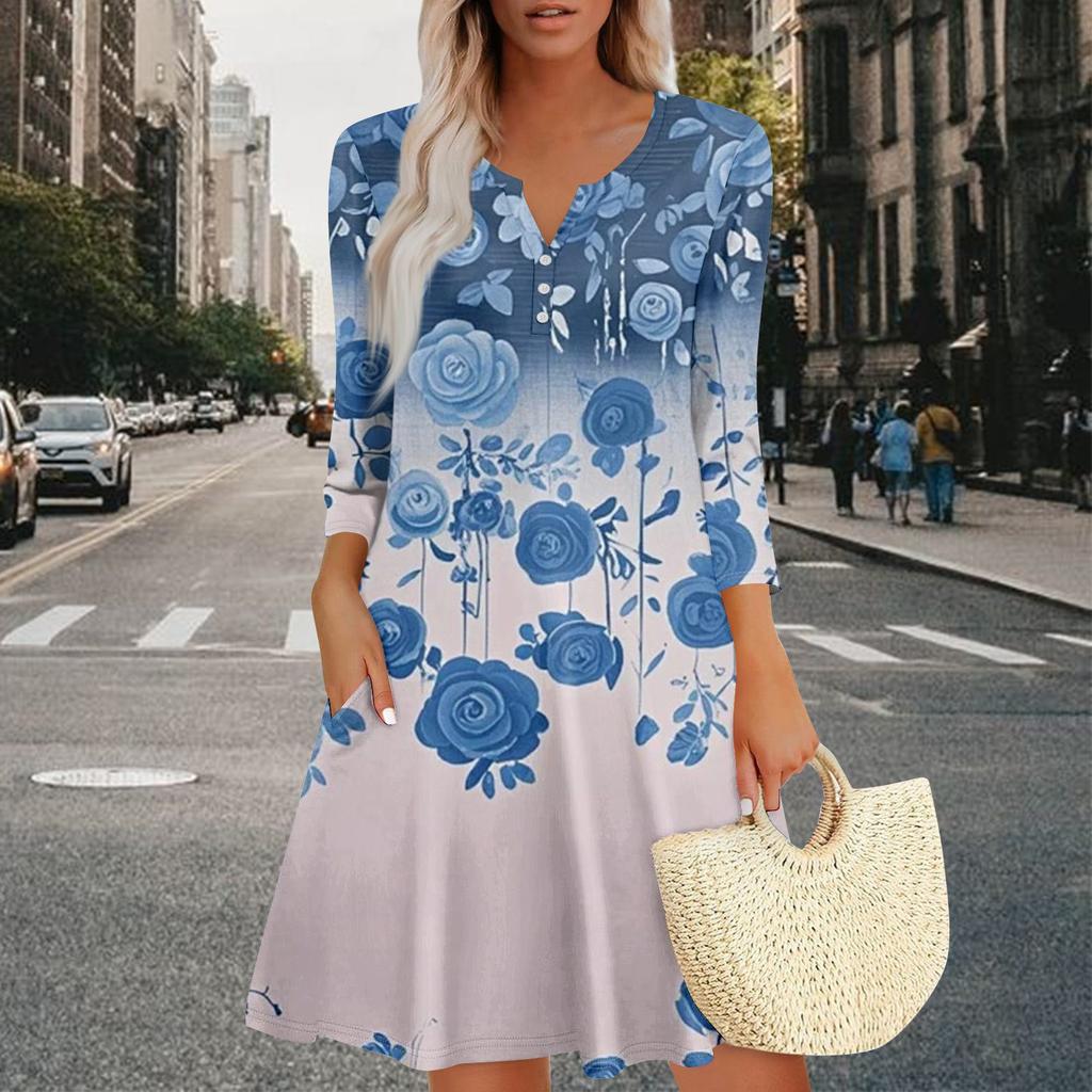 Women's Summer Dress Loose V Neck Three-quarter Sleeve Sundress With Pockets Dress
