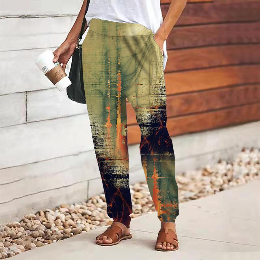 Women Abstract Printing Pants Lace Up Elastic Waist Loose  Trousers Casual Long Pants Trousers with Pockets