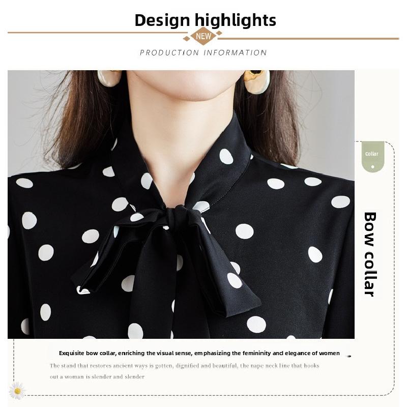 2026 Nuovo Top alla Moda ed Elegante per la Primavera, Camicia Versatile in Chiffon a Maniche Lunghe con Pois Neri